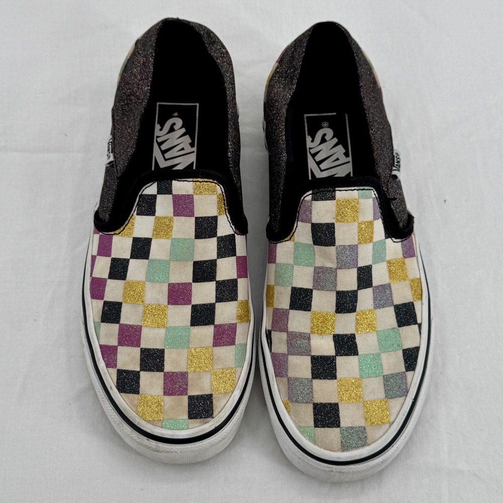 Vans Asher Checkerboard Glitter Slip-On Shoes Multi Color Sneakers Sz 6 Sparkle